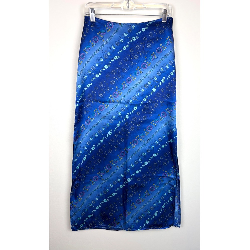 Tracy Evans Slip Maxi Skirt 7 Blue Floral 90s Vintage Satin Y2K Fairy Side Slit